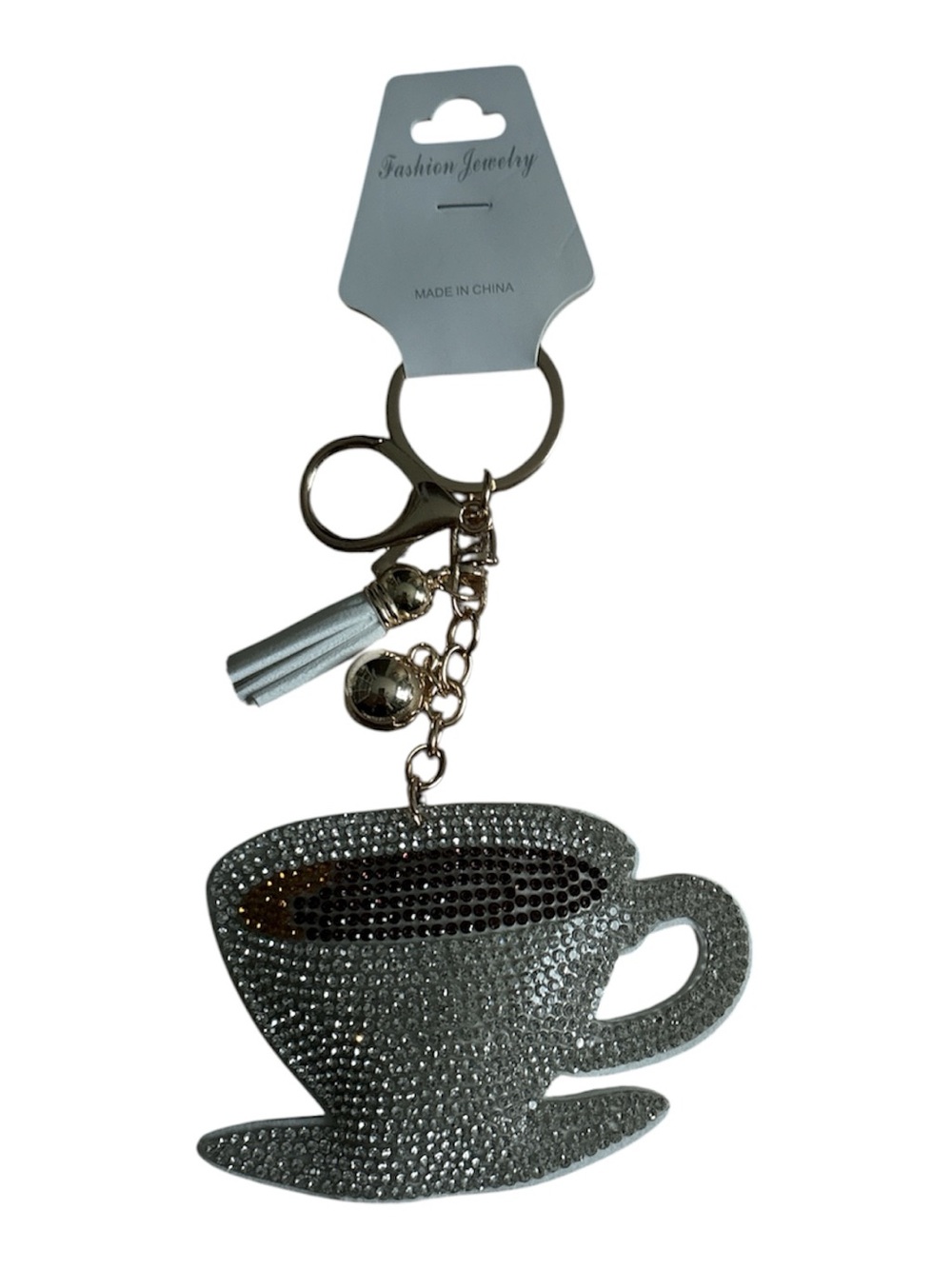 Silver Rhinestone Teacup Keychain with Tassel Charm